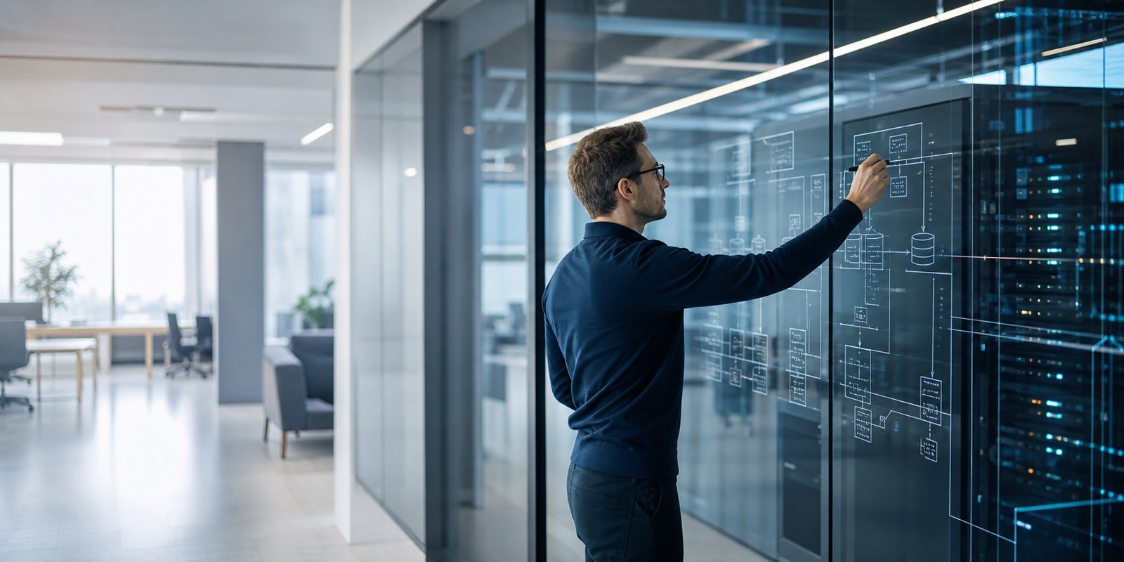 IT consultant planning systems architecture in a modern office
